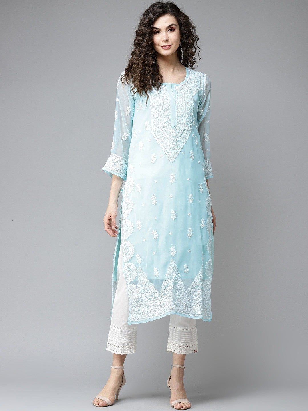 Ada Hand Embroidered Blue Georgette Lucknowi Chikankari Straight Kurta With Slip A411200