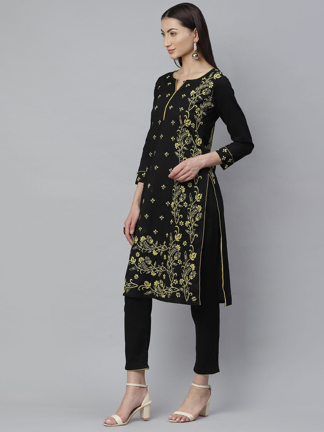 Ada Hand Embroidered Black Cotton Lucknowi Chikankari Straight Kurta With Trouser Set A811130