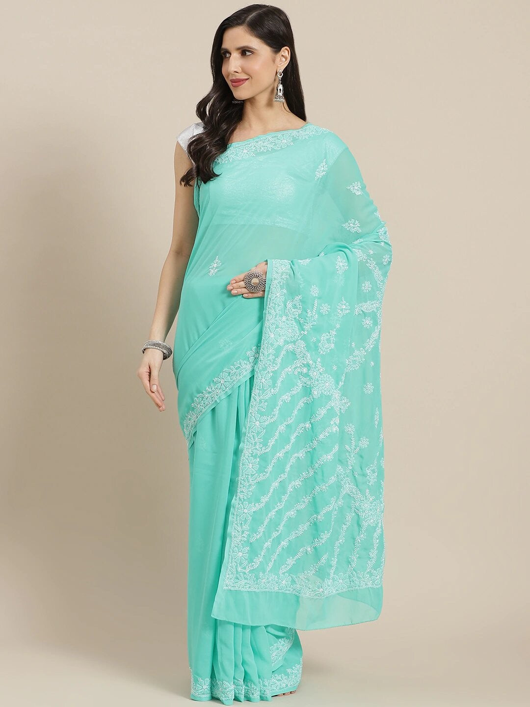 Ada Hand Embroidered Green Georgette Lucknow Chikan Saree with Blouse A311282