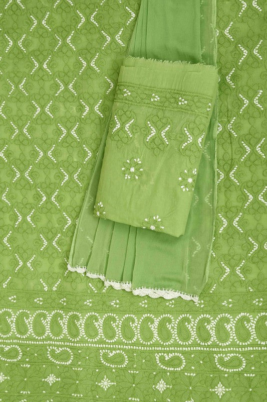 Ada Hand Embroidered Green Cotton Lucknowi Chikan Unstitched Suit Piece-A100178