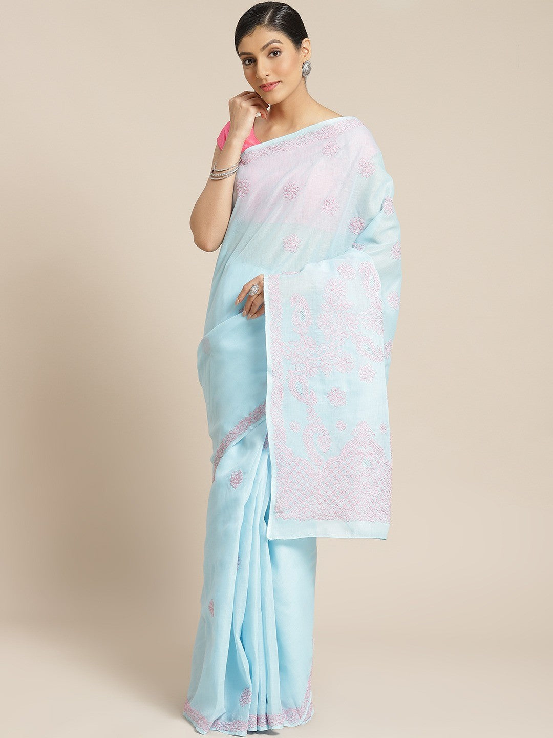 Ada Hand Embroidered Blue Cotton Lucknow Chikan Saree With Blouse- A311176