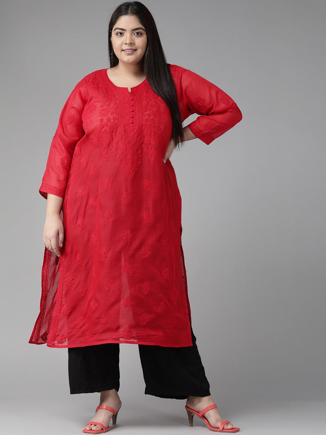 Ada Hand Embroidered Red Cotton Lucknowi Chikankari Straight Kurta A100362