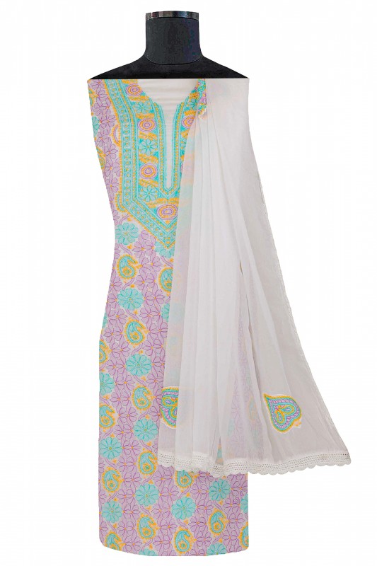 Ada Hand Embroidered White Cotton Lucknowi Chikan Unstitched Suit Piece A599588
