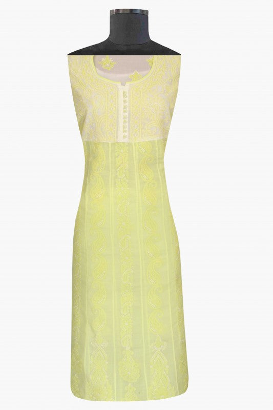 Ada Hand Embroidered Lemon Cotton Lucknowi Chikan Semi-stitched Suit Piece- A579191