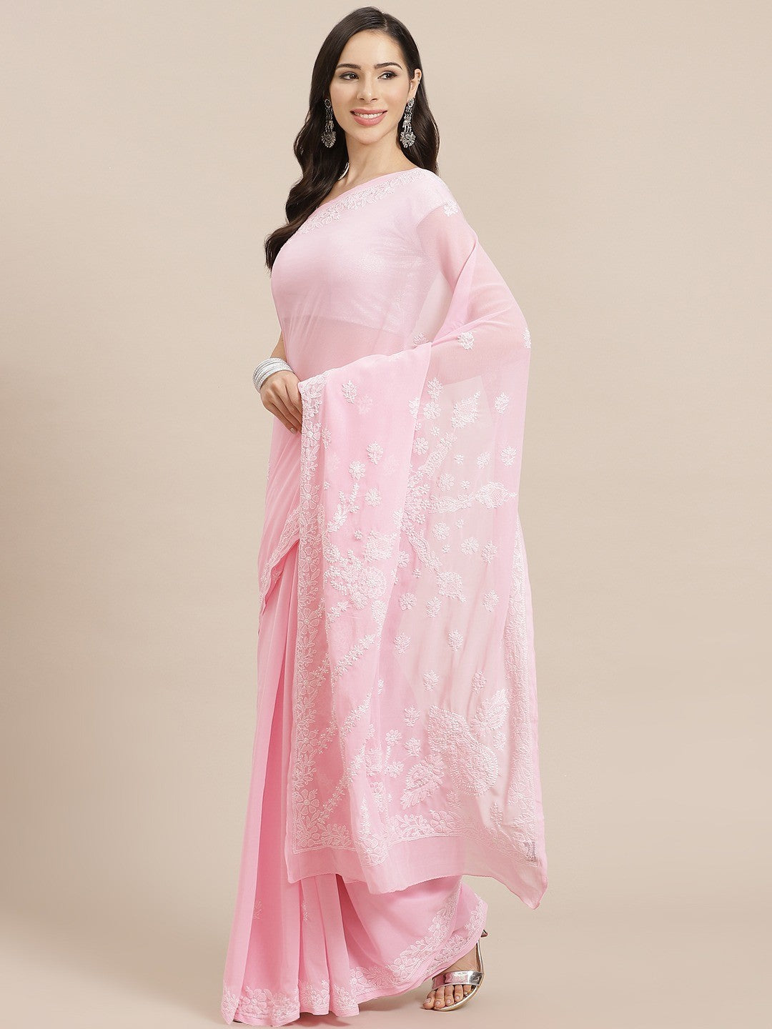 Ada Hand Embroidered Pink Georgette Lucknow Chikan Saree With Blouse A129583
