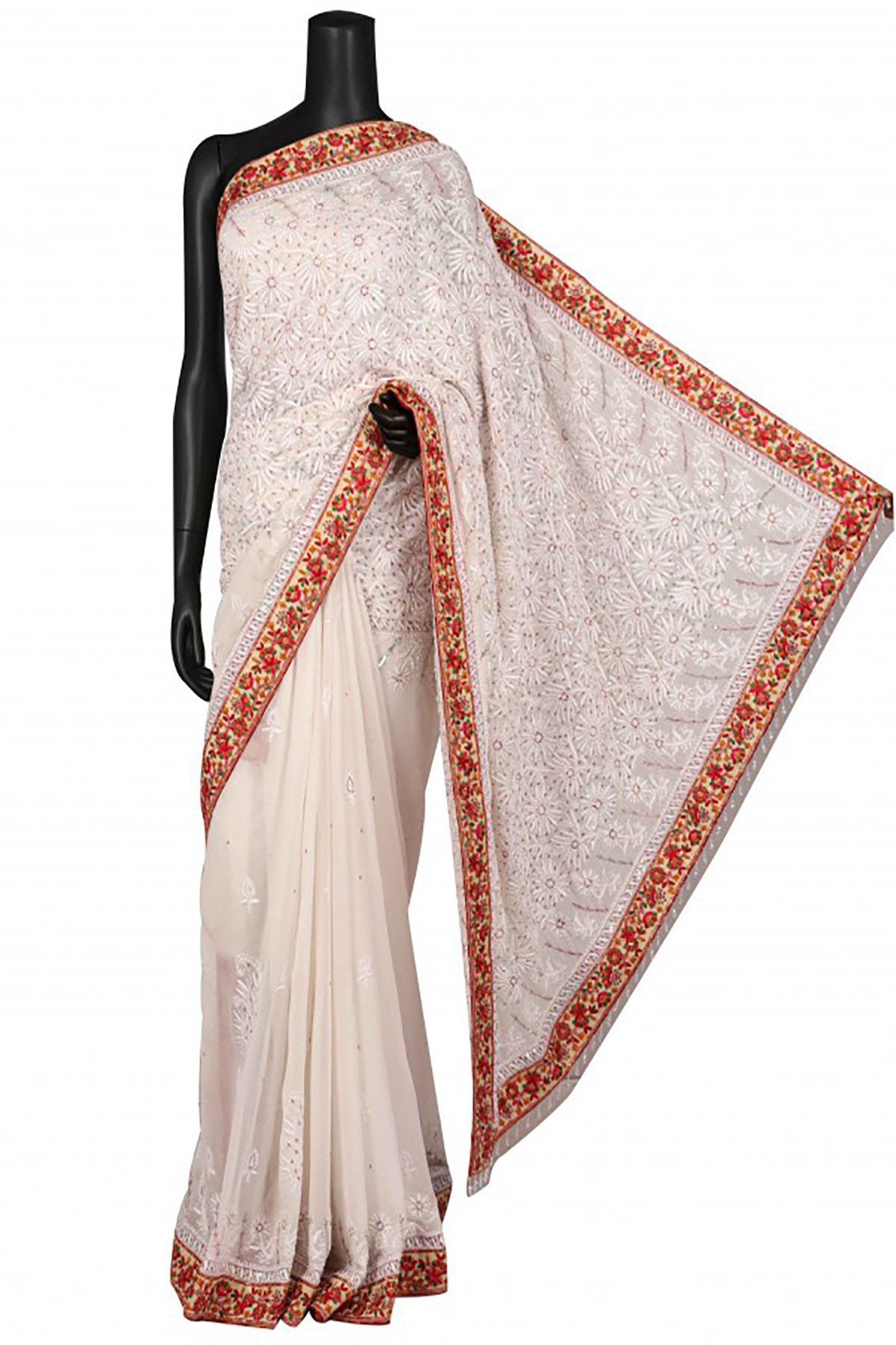 Ada Hand Embroidered Off White Pure Georgette Lucknowi Chikankari Saree/Blouse With Parsi Work 01A13889
