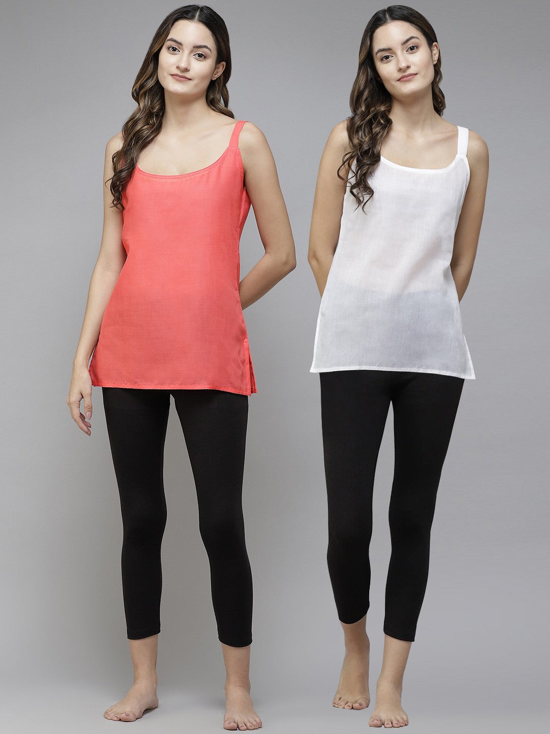 Ada White & Carrot Pink Cotton Short Slips Combo of 2 A111166.