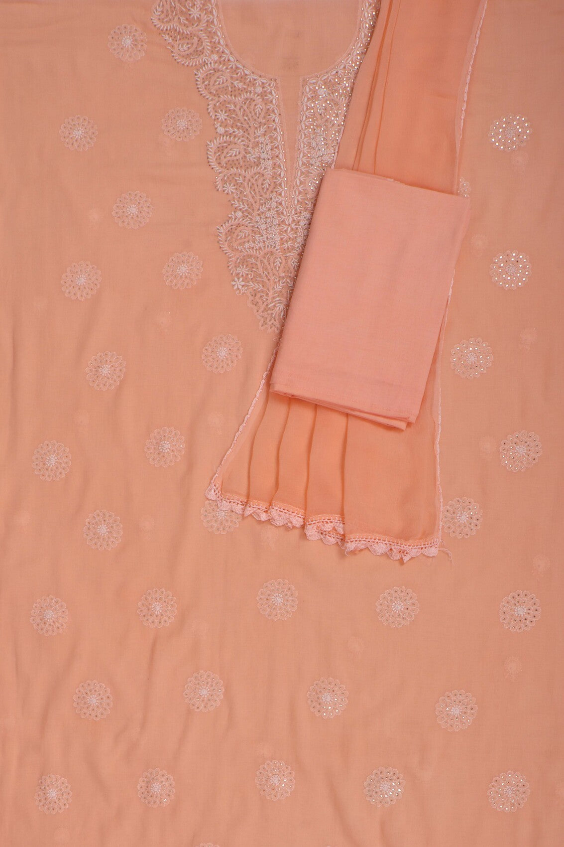 Ada Hand Embroidered Peach Cotton Lucknowi Chikankari Unstitched Suit Piece With Muqaish Work 01A165718