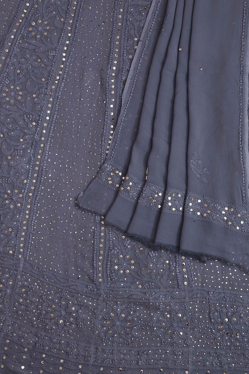 Ada Hand Embroidered Steel Grey Pure Georgette Lucknowi Chikankari Semi-stitched Anarkali Set with Muqaish Work – A588083