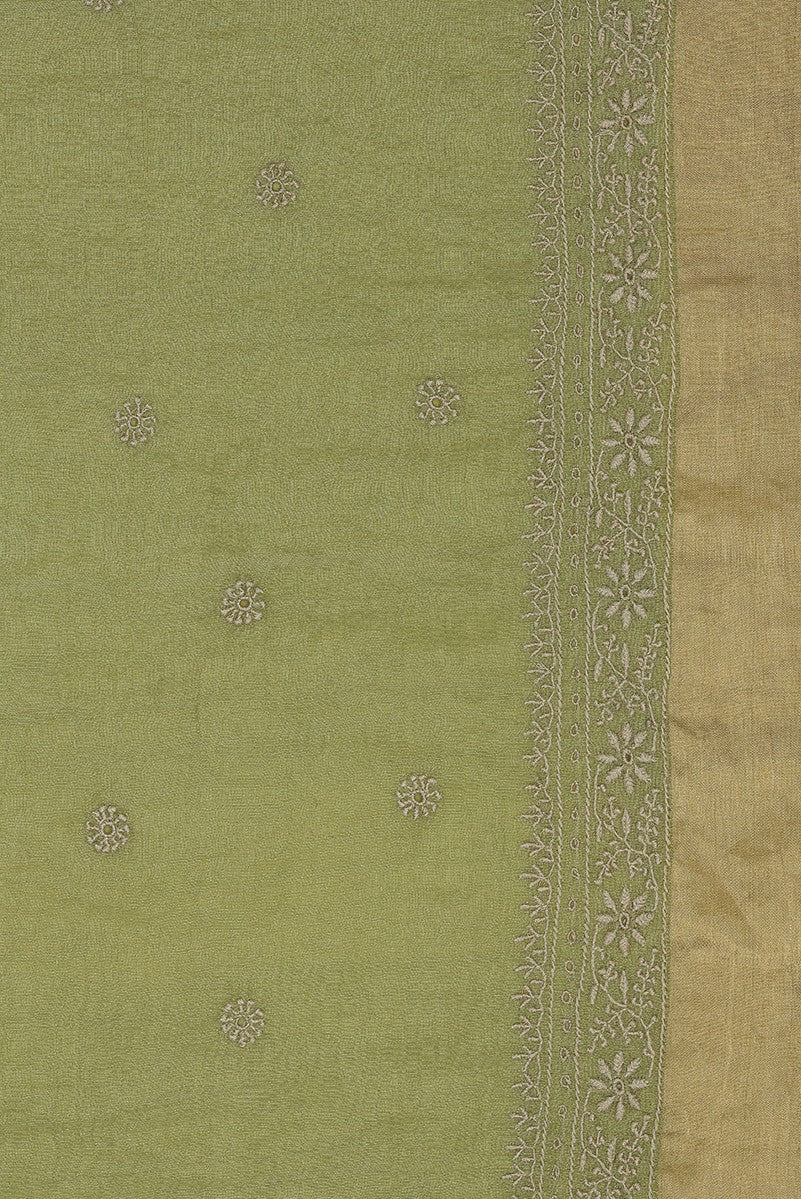 Ada Hand Embroidered Pear Green Tissue Lucknowi Chikankari Saree With Blouse- A615160