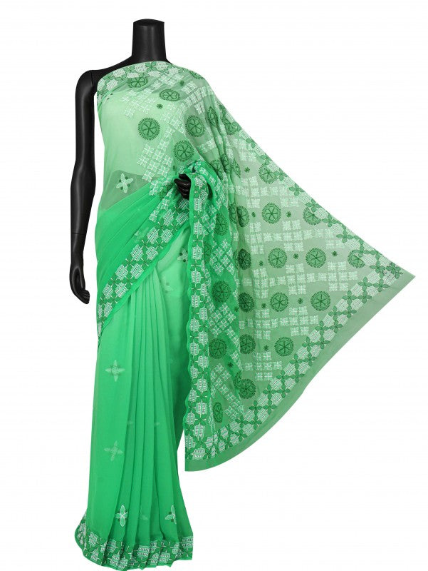 Ada Hand Embroidered Emerald Green Georgette Lucknowi Chikankari Saree With Blouse A223503