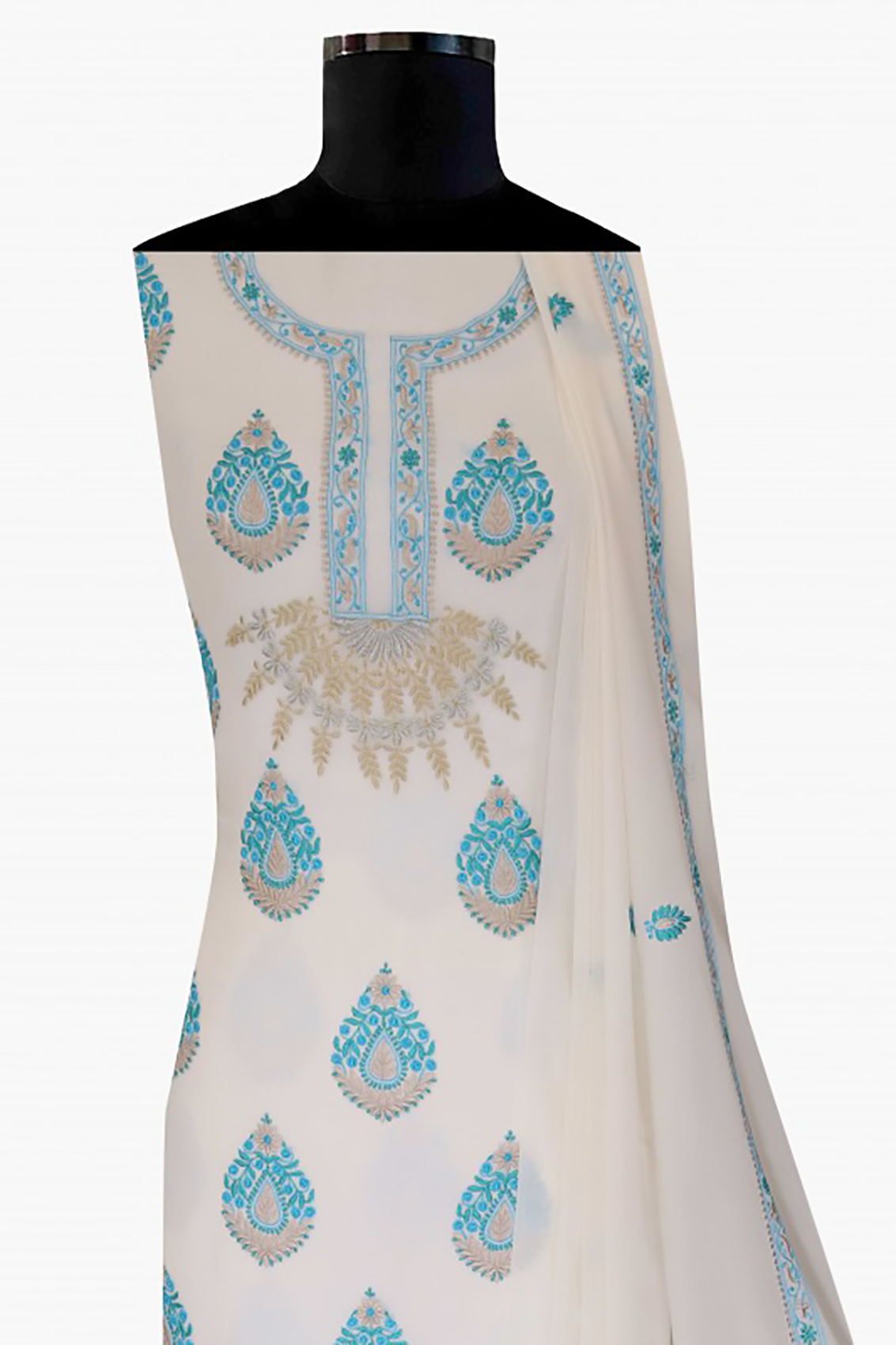 Ada Hand Embroidered White Pure Georgette Lucknowi Chikankari Unstitched Kurta Dupatta Set A56482