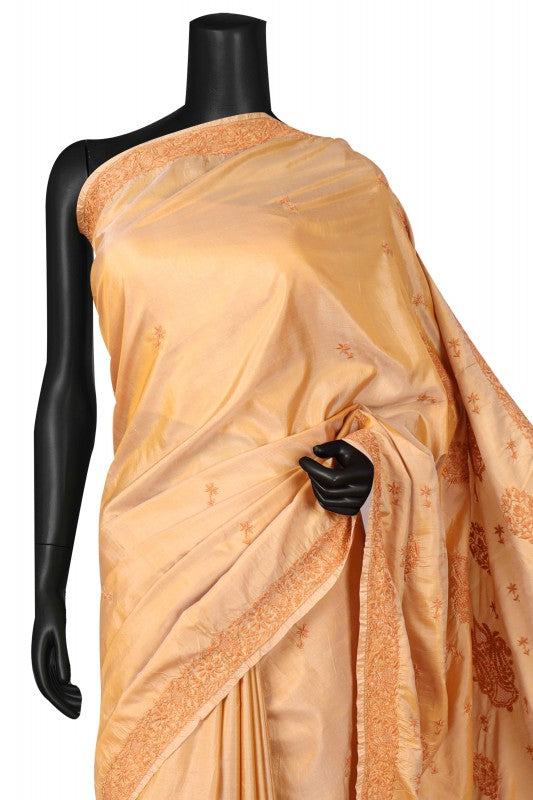 Ada Hand Embroidered Natural Dark Fawn Silk Lucknowi Chikankari Saree With Blouse 01A77505