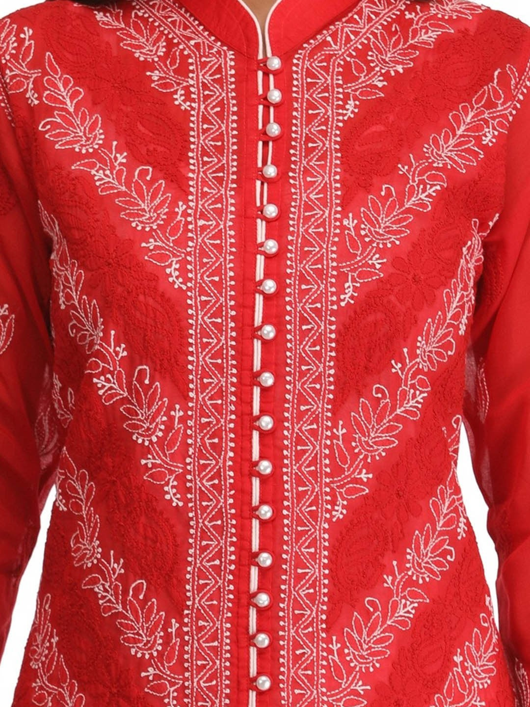 Ada Hand Embroidered Red Cotton Lucknowi Chikankari Straight Kurta A239006