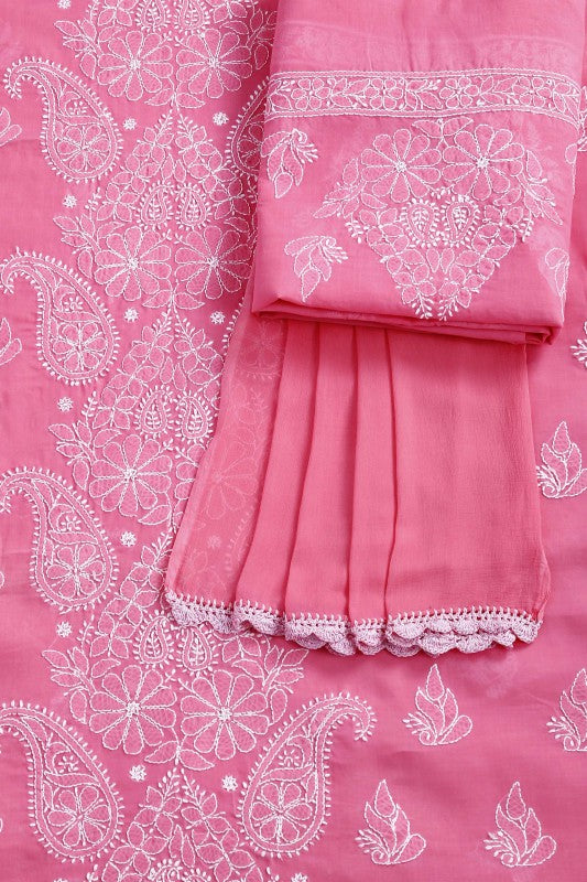 Ada Hand Embroidered Pink Cotton Lucknowi Chikan Unstitched Suit Piece A472826