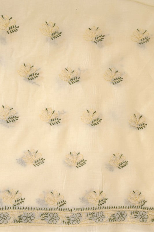 Ada Hand Embroidered Cream Cotton Lucknowi Chikan Unstitched Suit Piece- A100306