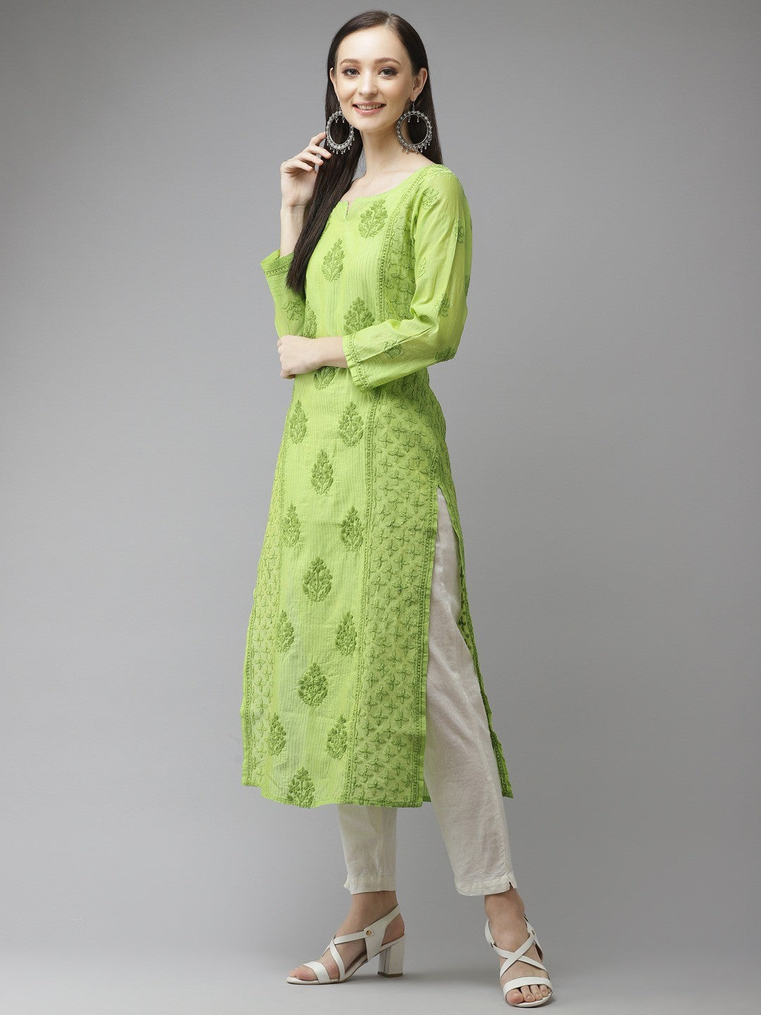 Ada Hand Embroidered Green Chanderi Lucknowi Chikankari Straight Kurta-A411314