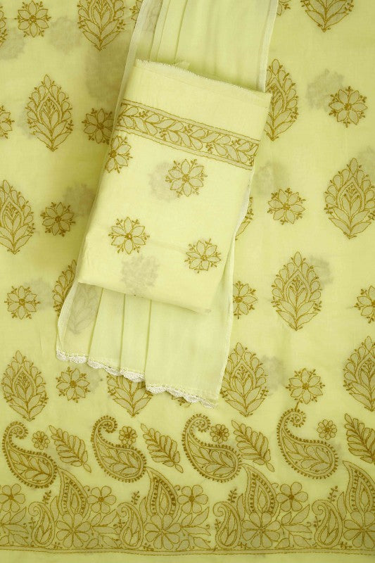 Ada Hand Embroidered Lemon Cotton Lucknowi Chikan Unstitched Suit Piece A211125