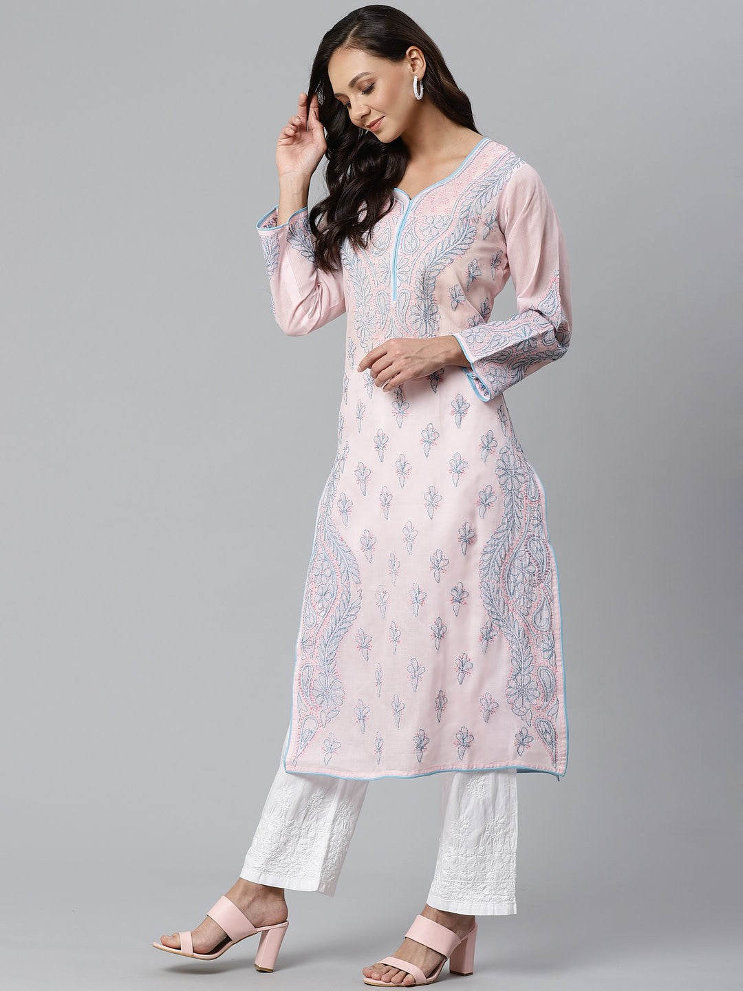 Ada Hand Embroidered Pink Cotton Lucknowi Chikankari Kurta with Palazzo Set A100393