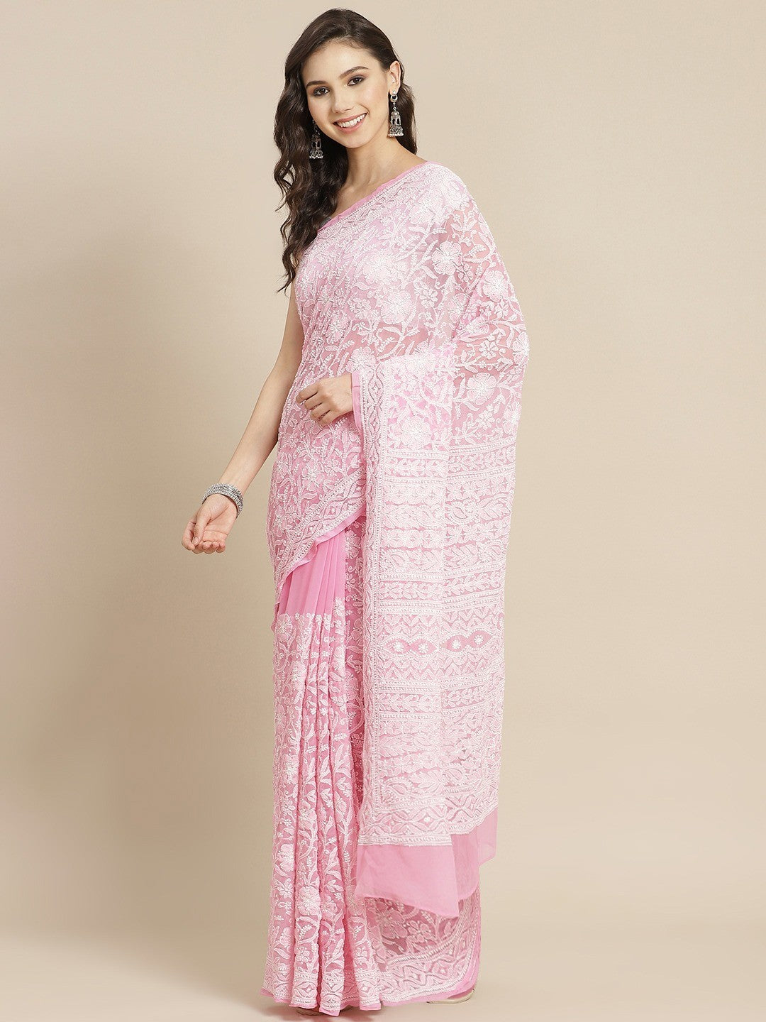 Ada Hand Embroidered Pink Georgette Lucknow Chikan Saree With Blouse A311327