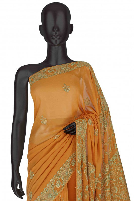 Ada Hand Embroidered Turmeric Yellow Pure Georgette Lucknow Chikan Saree With Blouse-A489063