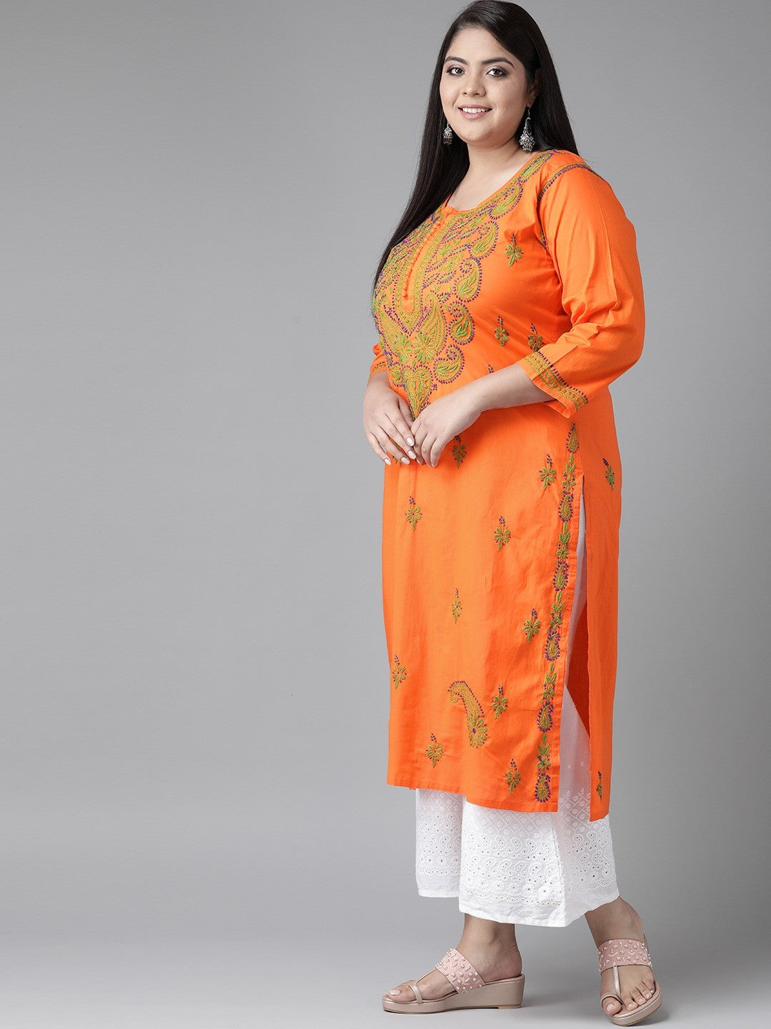 Ada Hand Embroidered Orange Cotton Lucknowi Chikankari Straight Kurta A223686