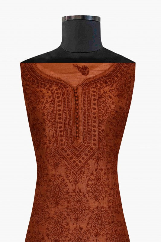Ada Hand Embroidered Rust Tusser Silk Lucknowi Chikan Unstitched Kurta Piece-A508360