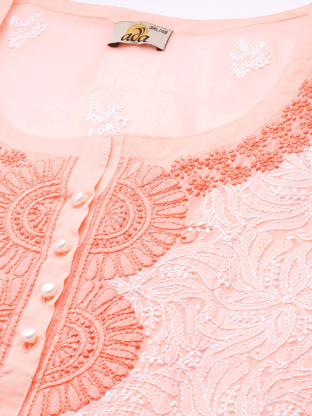 Ada Hand Embroidered Peach Cotton Lucknowi Chikankari Short Kurti A273726