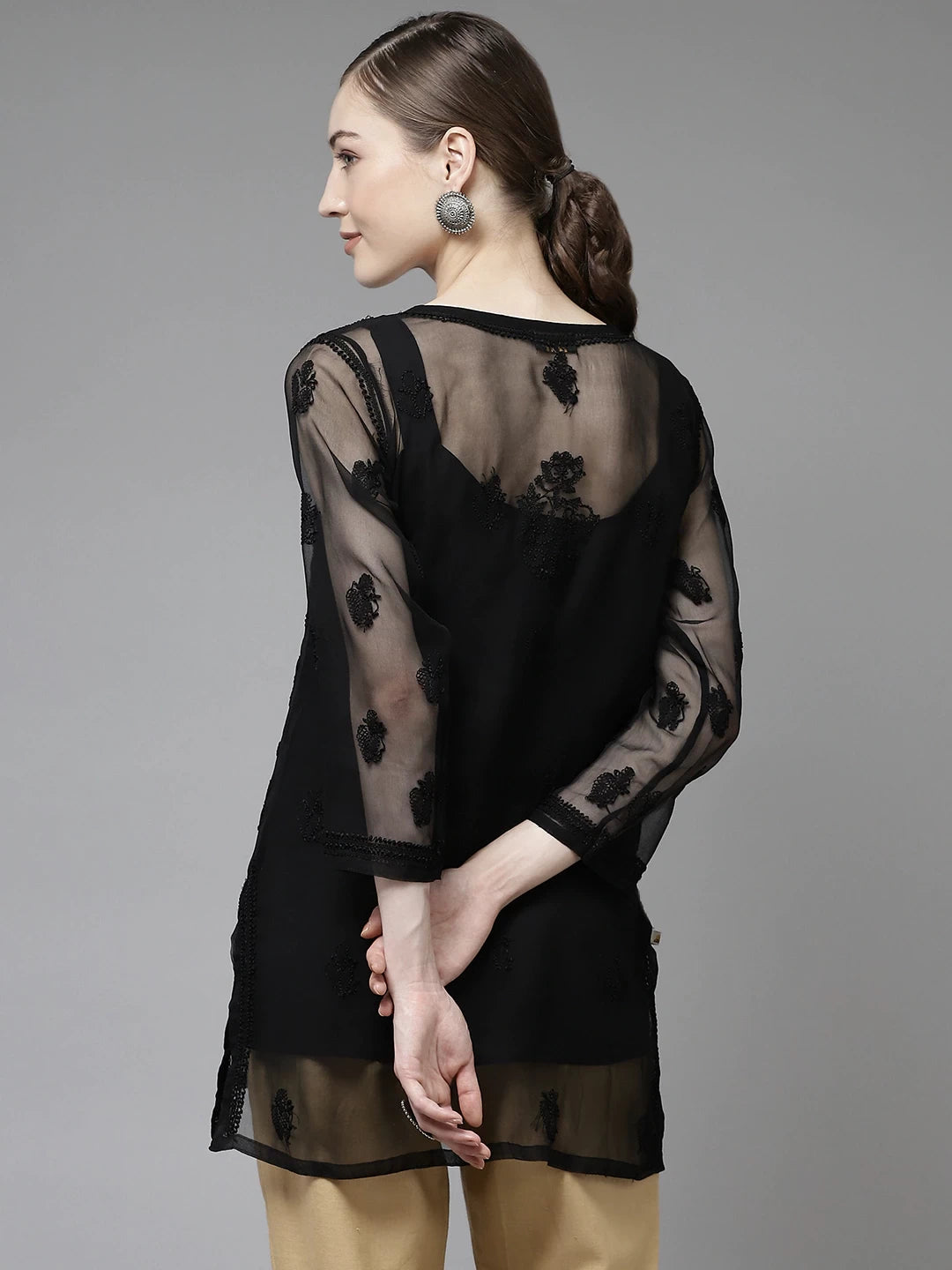 Ada Hand Embroidered Black Georgette Lucknow Chikan Kurti with slip A911139