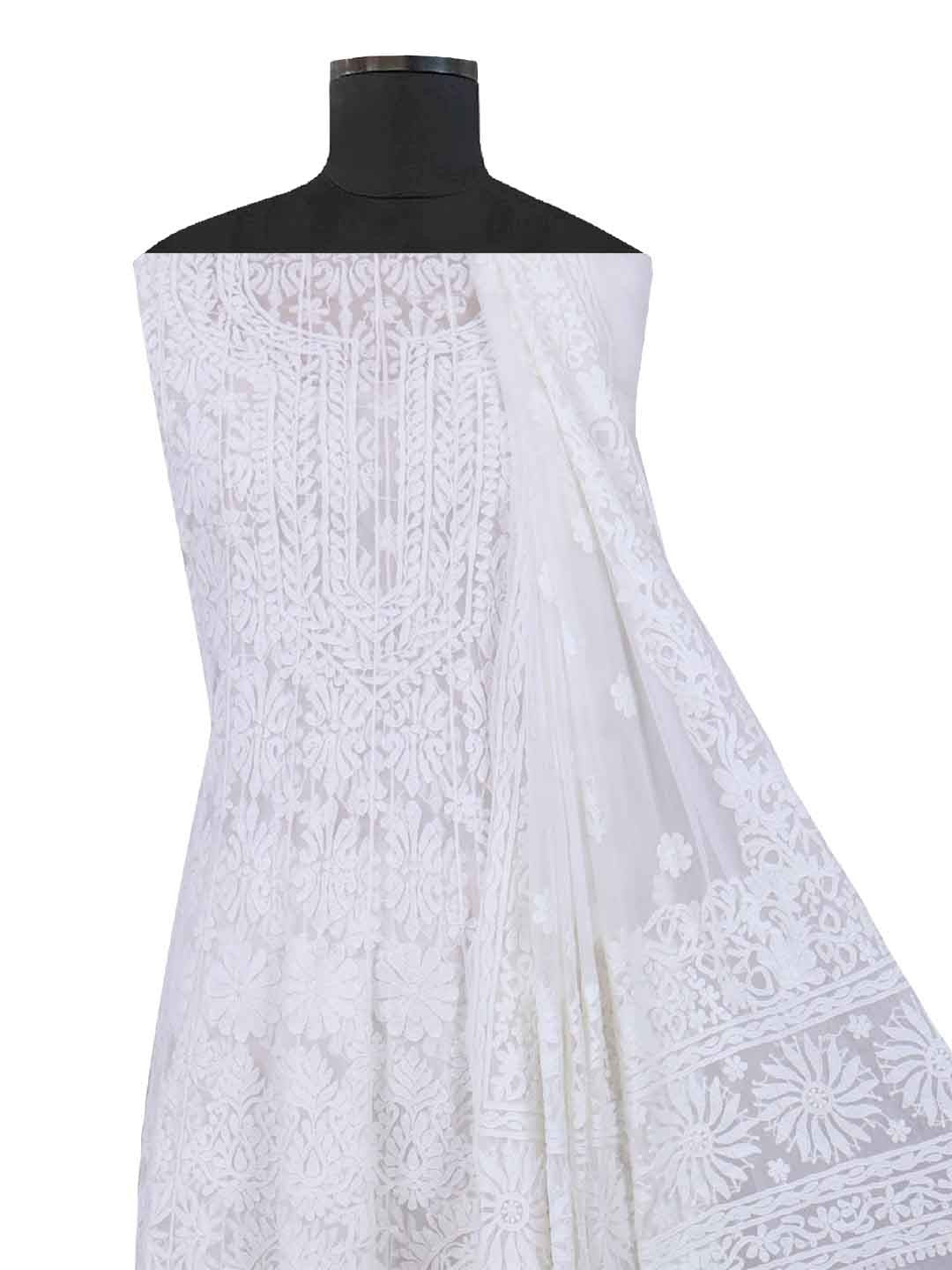 Ada Hand Embroidered White Net Lucknowi Chikankari Semi-stitched Anarkali Kurta Dupatta Set 01A167418