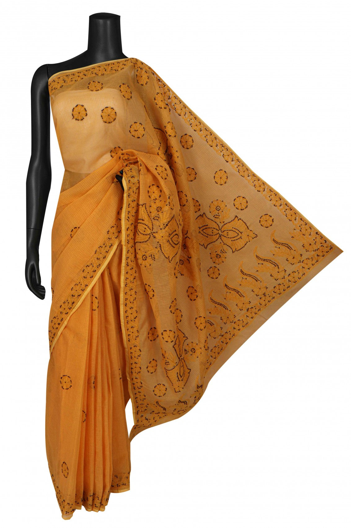 Ada Hand Embroidered Mustard Kota Lucknowi Chikankari Saree With Blouse A606778