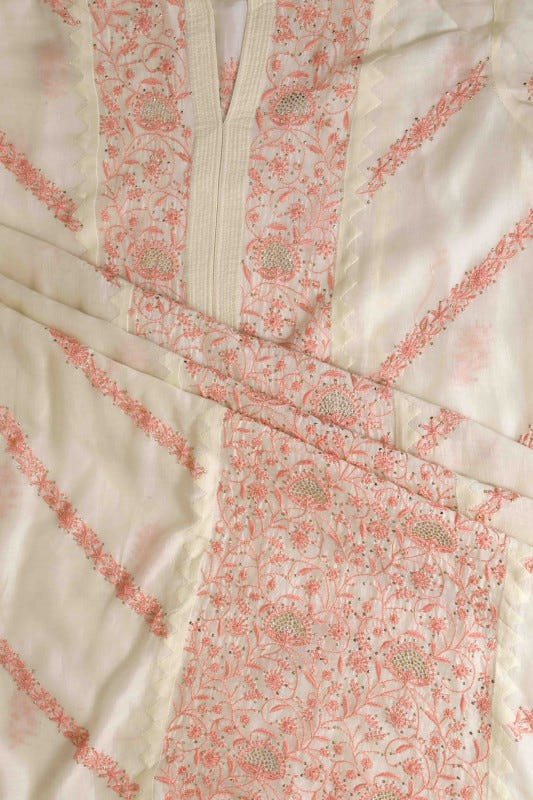 Ada Hand Embroidered Cream White Chanderi Lucknowi Chikan Unstitched Kurta Dupatta Set-A385896