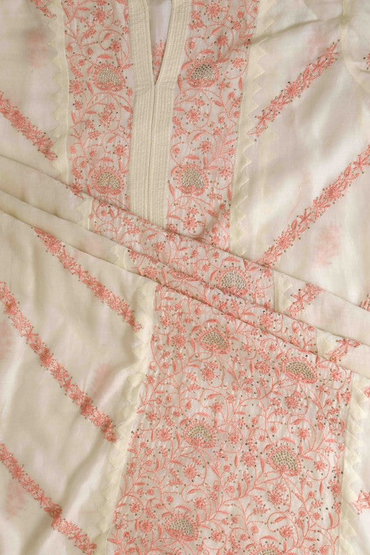 Ada Hand Embroidered Cream White Chanderi Lucknowi Chikan Unstitched Kurta Dupatta Set-A385896