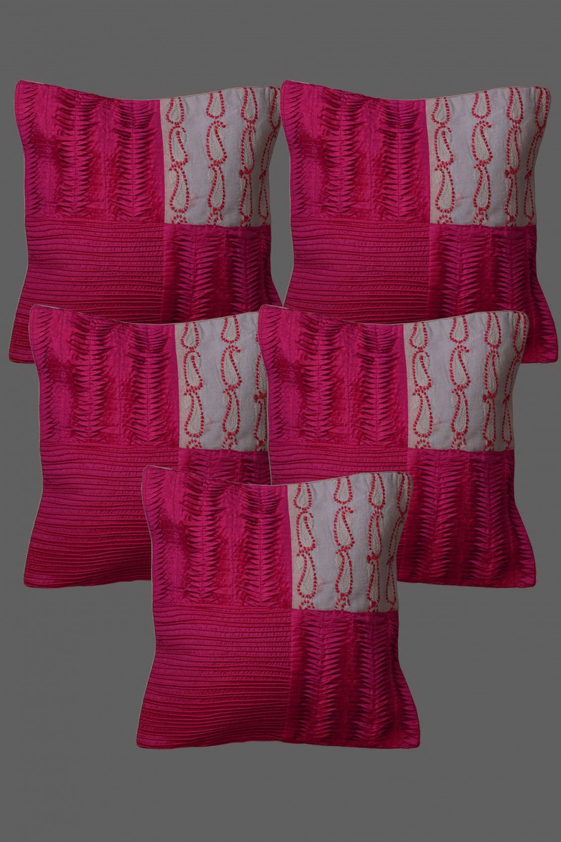 Ada Hand Embroidered Magenta Cotton Lucknowi Chikankari Cushion Cover Set Of 5 A563346