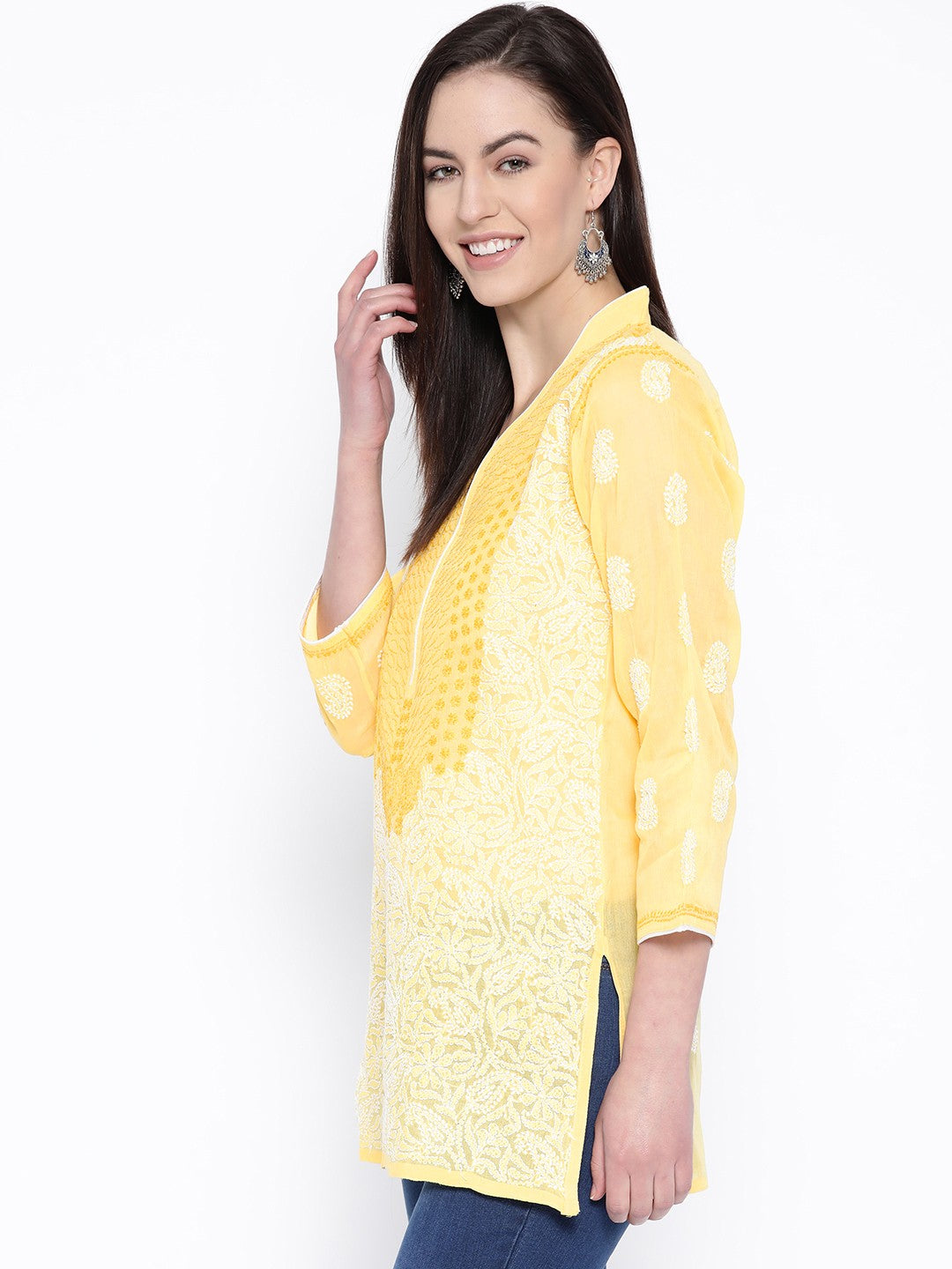 Ada Hand Embroidered Yellow Cotton Lucknow Chikan Kurti– A100222
