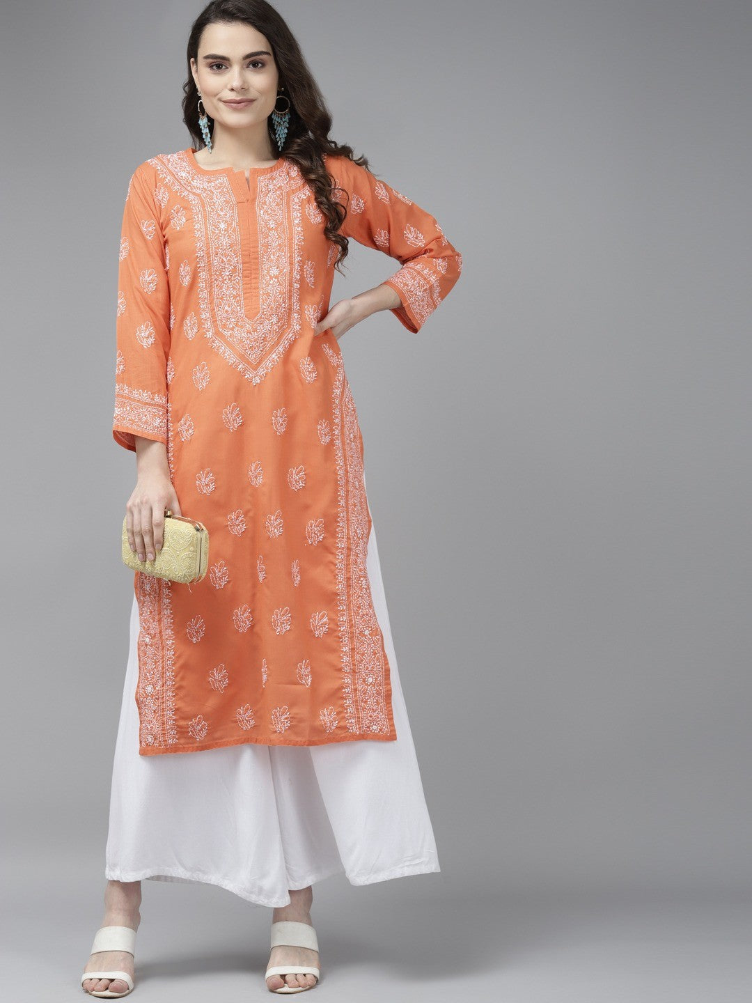 Ada Hand Embroidered Rust Cotton Lucknowi Chikankari Kurti A321392