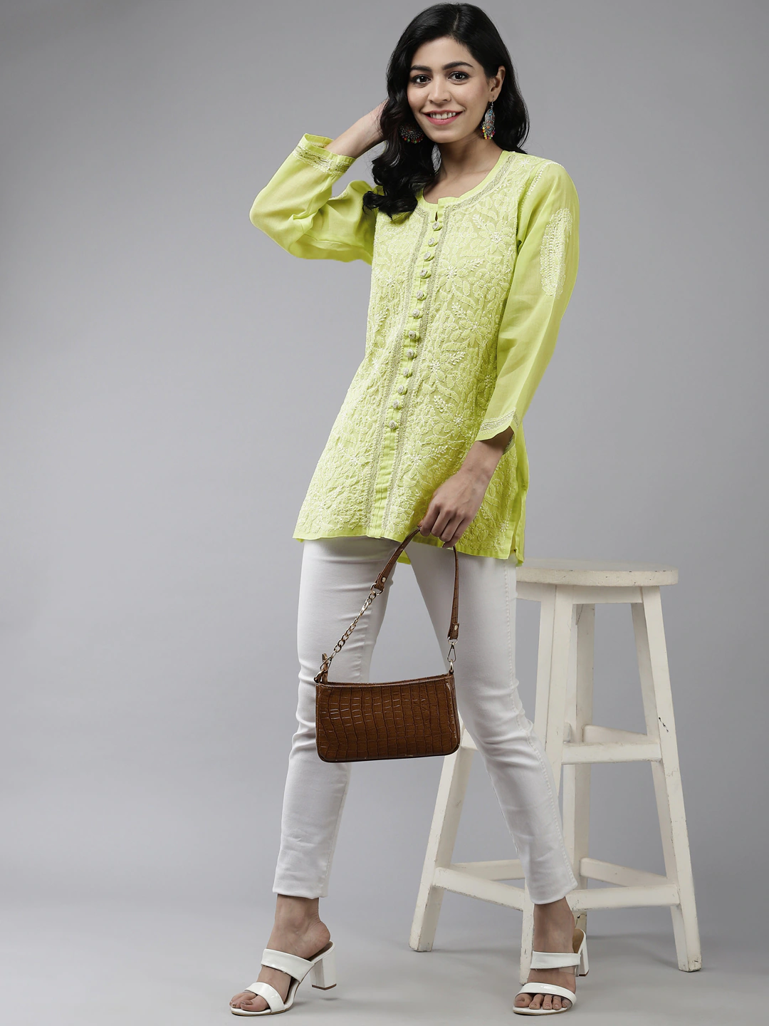 Ada Hand Embroidered Green Cotton Lucknowi Chikankari Short Kurti With Zari Work A911198