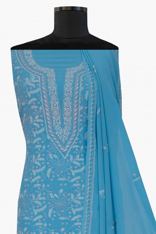 Ada Hand Embroidered Cyan Blue Pure Georgette Lucknowi Chikan Unstitched Kurta Dupatta Set A197413