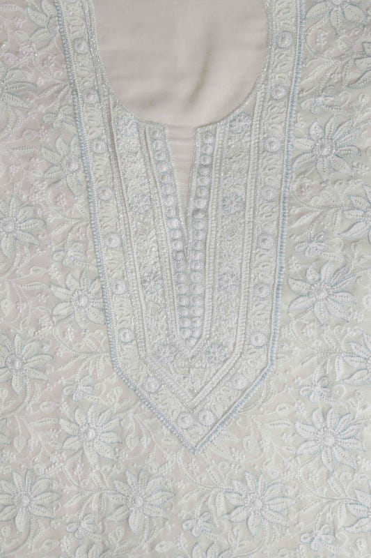 Ada Hand Embroidered White Pure Georgette Lucknowi Chikan Unstitched Kurta Dupatta Set With Pearl & Sequinned Work-A617654