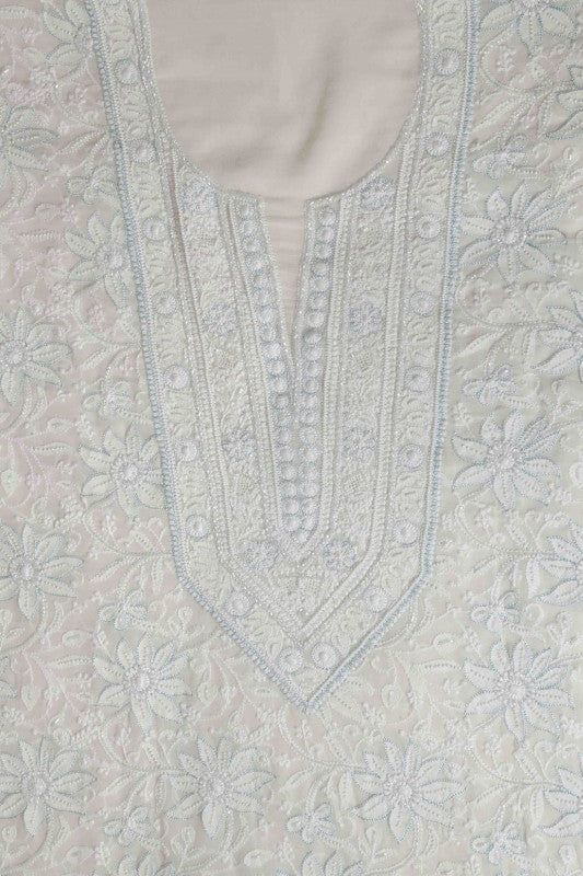 Ada Hand Embroidered White Pure Georgette Lucknowi Chikan Unstitched Kurta Dupatta Set With Pearl & Sequinned Work-A617654