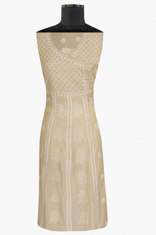 Ada Hand Embroidered Fawn Tissue Lucknowi Chikankari Semi-stitched Angarkha Style Anarkali Kurta With Muqaish Work-A595338