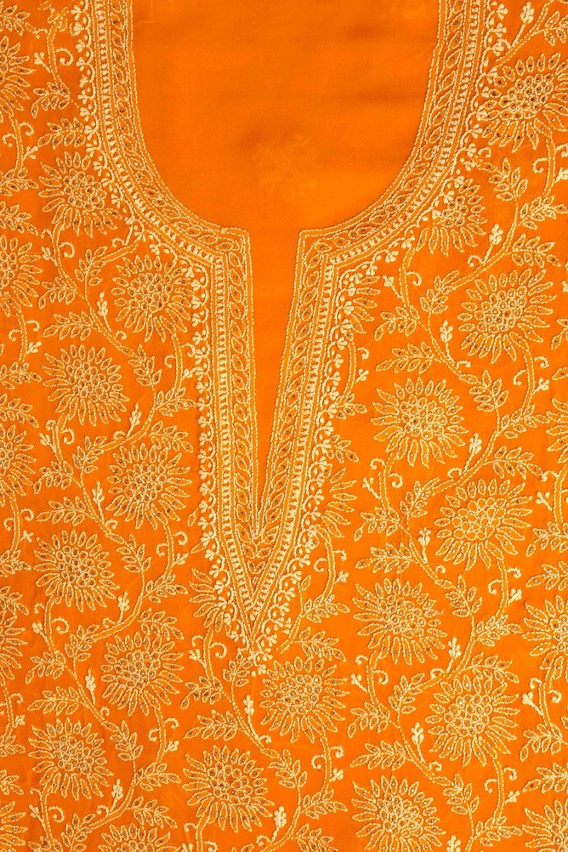 Ada Hand Embroidered Turmeric Yellow Pure Georgette Lucknowi Chikan Unstitched Kurta Piece With Muqaish Work-A456855