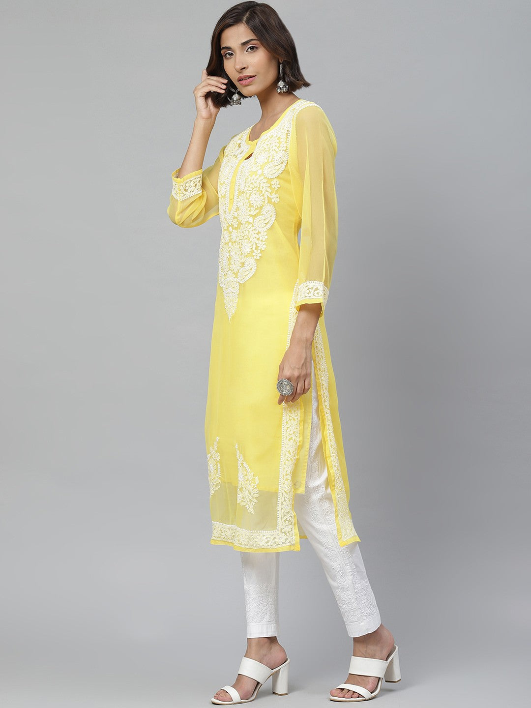 Ada Hand Embroidered Yellow And White Georgette Lucknowi Chikankari Kurta Set With Slip-A100545