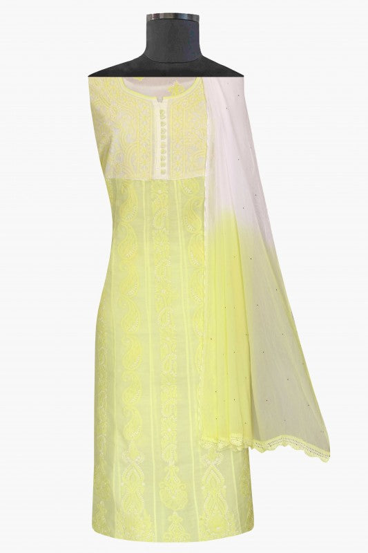 Ada Hand Embroidered Lemon Cotton Lucknowi Chikan Semi-stitched Suit Piece- A579191