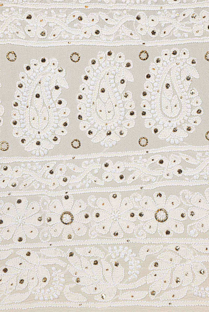 Ada Hand Embroidered White Pure Georgette Lucknowi Chikankari Unstitched Lehenga Skirt (Only Skirt)With Muqaish Work- A608030