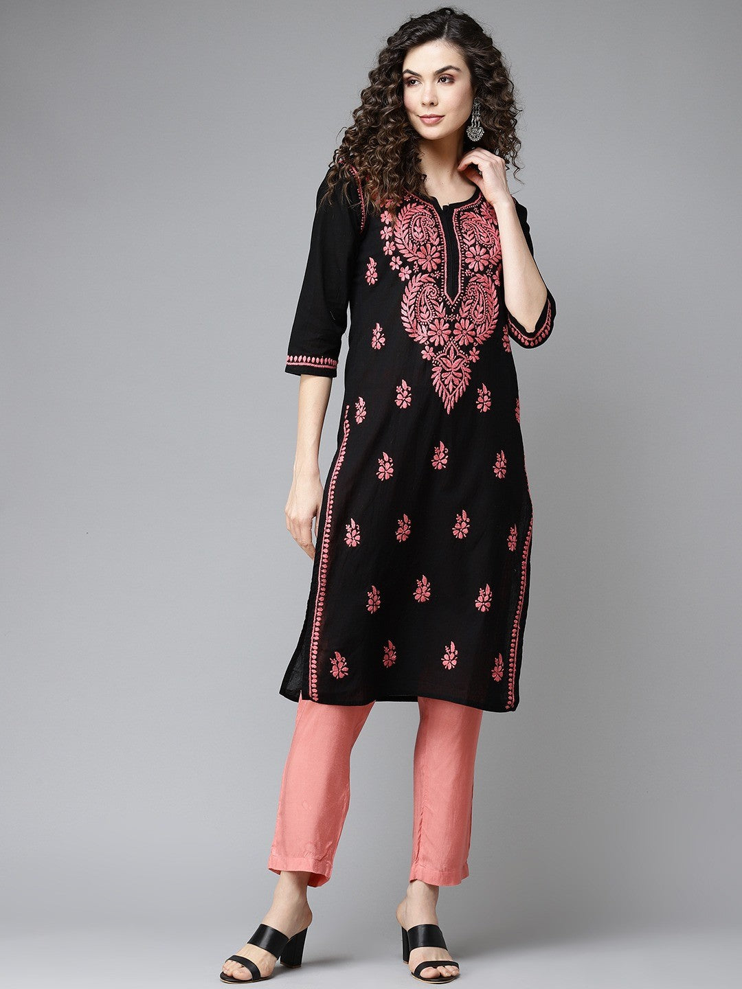 Ada Hand Embroidered Black Cotton Lucknowi Chikankari Straight Kurta A411193