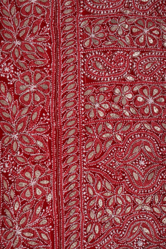 Ada Hand Embroidered Red Georgette Lucknowi Chikan Unstitched Suit Piece with Gota Patti Work A340194