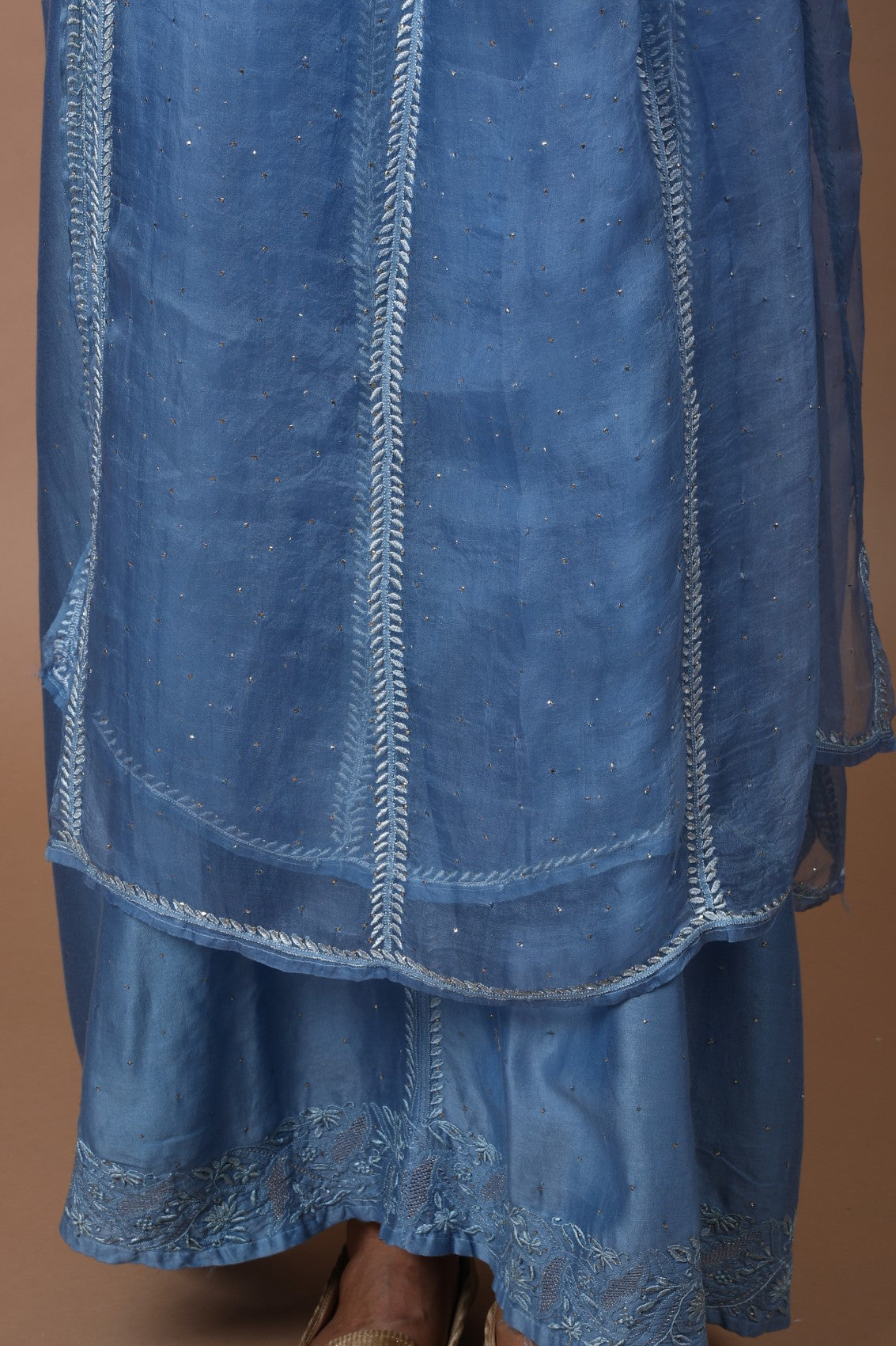Ada Hand Embroidered Sapphire Blue Chanderi Lucknowi Chikankari Semi-Stitched Anarkali Kurta Dupatta Set With Muqaish Work A623456