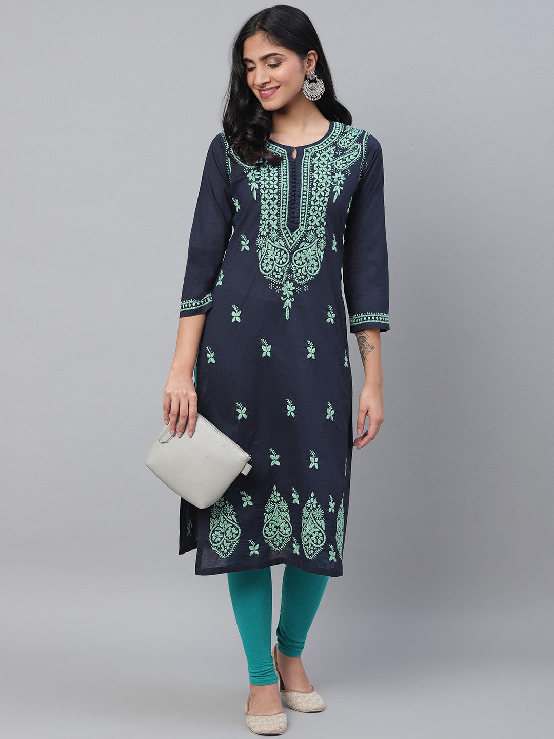 Ada Hand Embroidered Navy Blue Cotton Lucknowi Chikankari Straight Kurta A411119