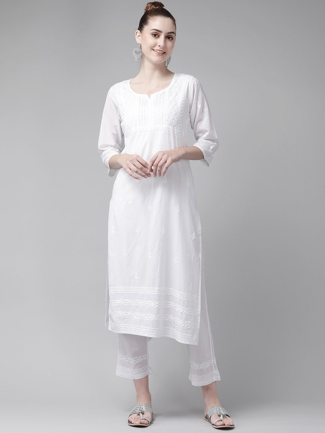 Ada Hand Embroidered White Cotton Lucknowi Chikankari Straight Kurta Set A811197